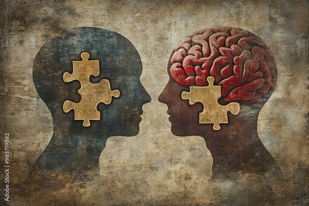 Poster cognitive capacity cognitive organ vintage style illustration of two heads with puzzle pieces symbol