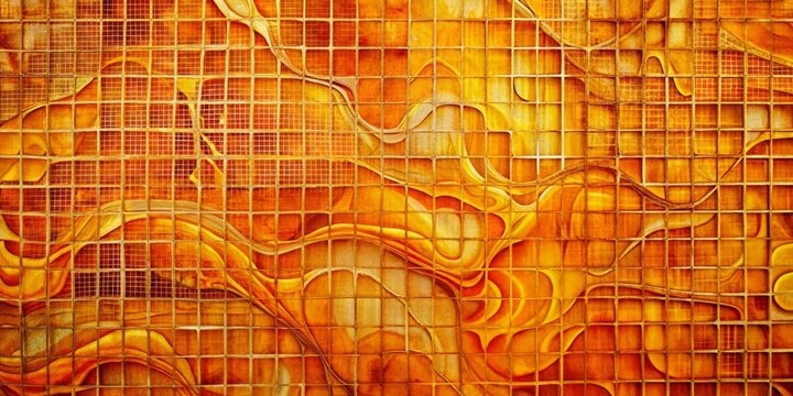 Distorted grid of lines and shapes melting like wax into abstract forms that seem to flow and merge with each other in a warm orange and yellow palette on a textured paper surface
