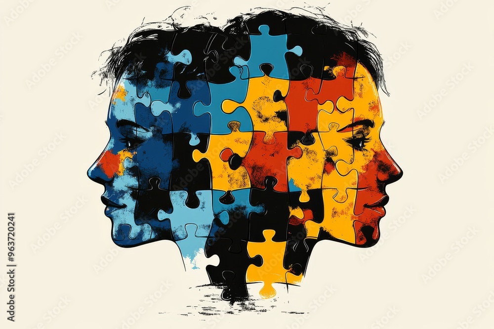 Poster Mental dynamism Cognitive organ Artistic rendering of a face with puzzle pieces symbolizing intellectual fragmentation problem solving and thought diversity in a conceptual design