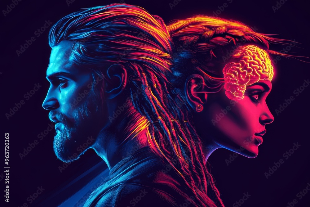 Poster cognitive dynamism cognitive organ neon illustration of a futuristic couple with glowing brains symb