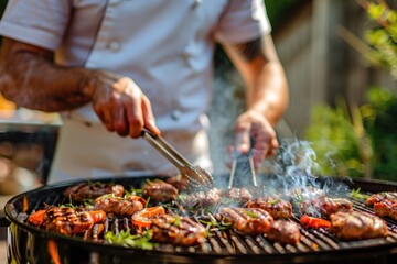 A person cooking meat on an outdoor grill, perfect for barbecue or picnic scenes
