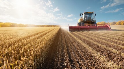 Fototapeta premium industrial combine harvester working in a vast autumn field