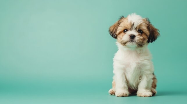 Adorable Shih Tzu Puppy Posing on Green Background - Perfect for Your Next Project