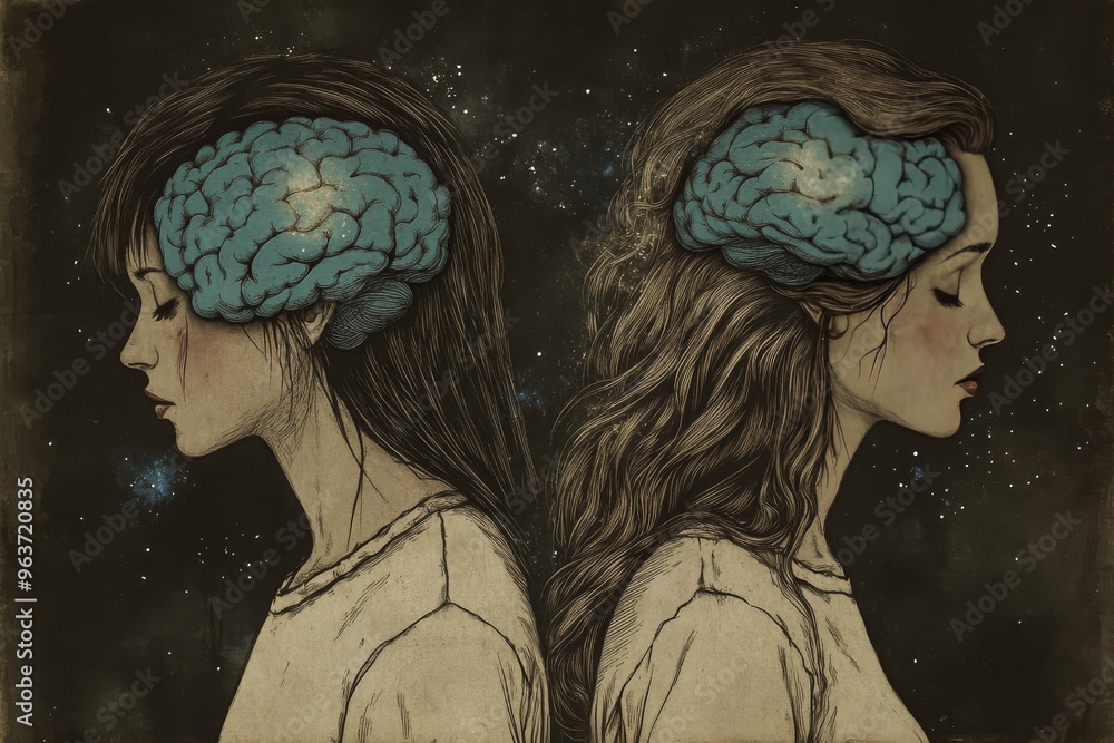 Poster brain resilience encephalon surreal double exposure illustration of two women with brain patterns sy