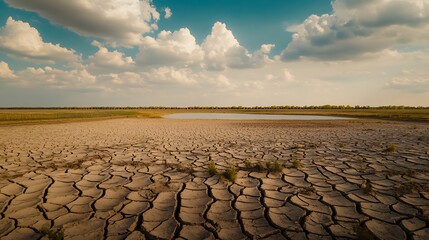 Expansive shot of a dried-up lake due to excessive water consumption for agriculture, illustrating the impact of unsustainable practices.