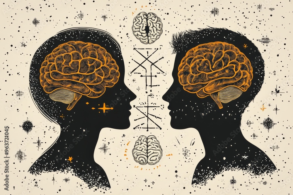 Poster mental resilience encephalon minimalist black and white illustration of two profiles with glowing br