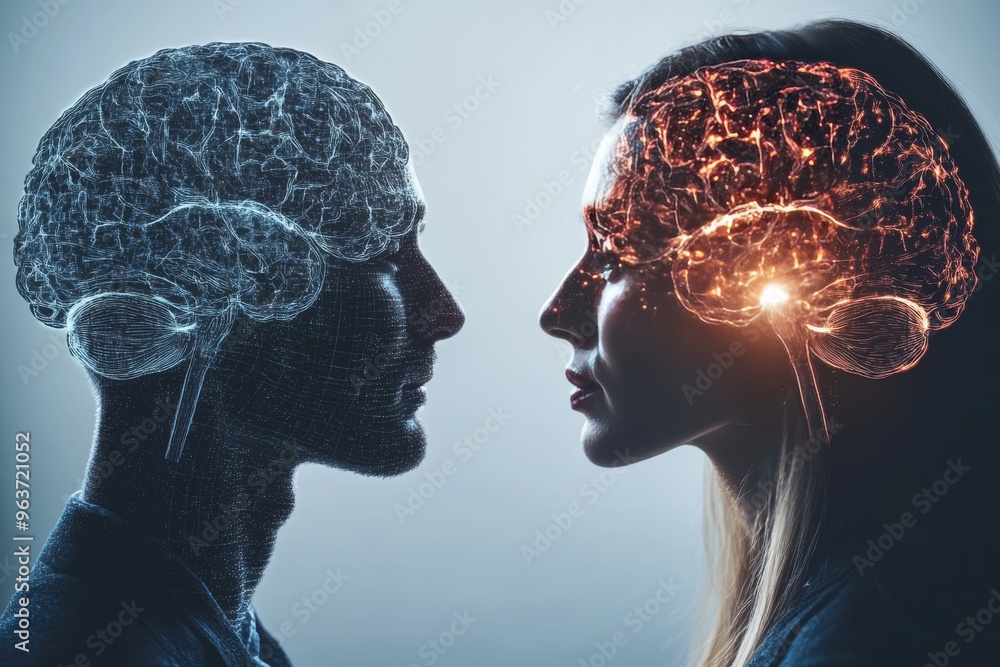 Aufkleber cognitive potential encephalon futuristic digital artwork of two heads with puzzle pieces in their b