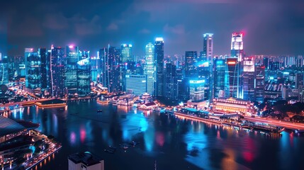 Captivating Nighttime Cityscape with Vibrant Lights and Reflections