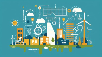 Naklejka premium Vibrant Cityscape Illustration Showcasing Sustainable Urban Development