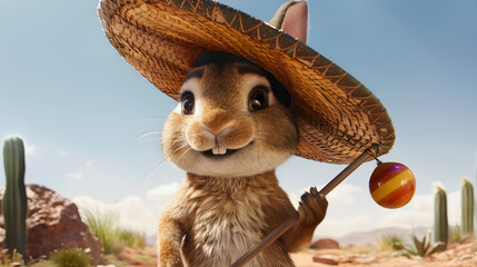 Naklejka premium A cute rabbit in a sombrero plays music with a maraca in hand, adorable and festive.