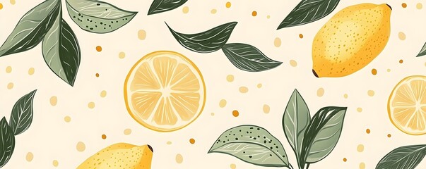 Watercolor Lemon Slices and Green Leaves on a Beige Background