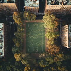 Obraz premium Empty Basketball Court in Urban Oasis: Aerial View of Green Court Surrounded by Apartments