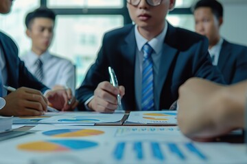 Group of professionals discussing ideas at a wooden table with chairs