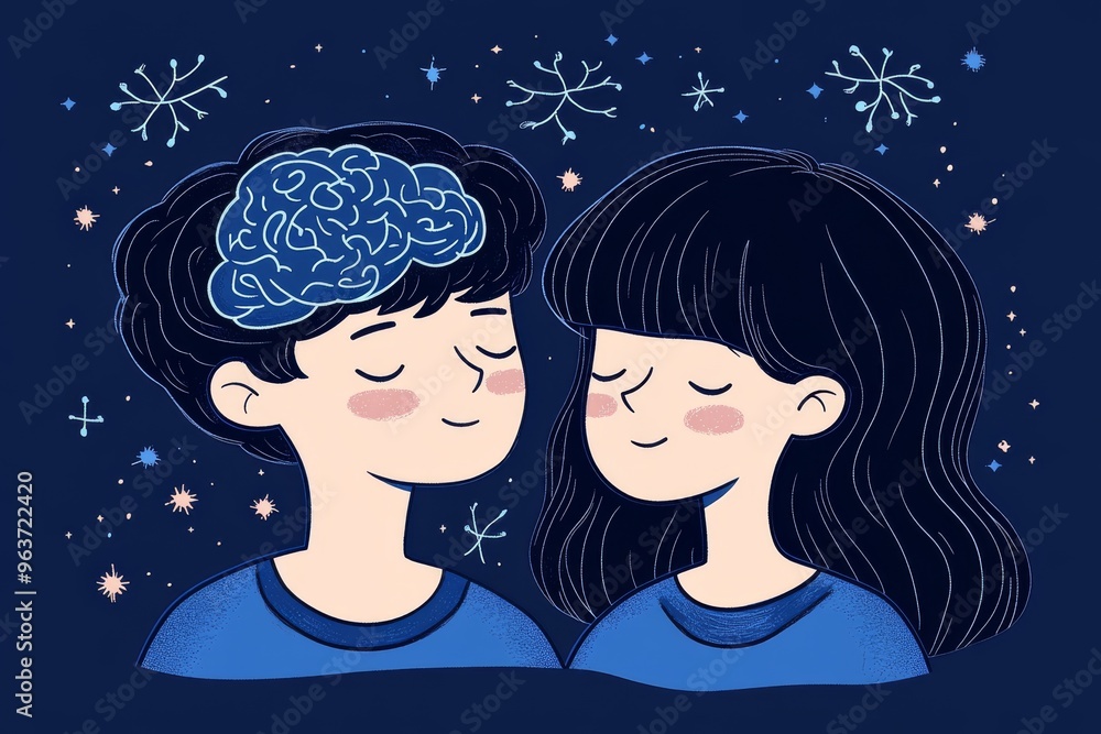 Aufkleber cognitive dynamism encephalon whimsical cartoon style illustration of a couple with puzzle brains sy