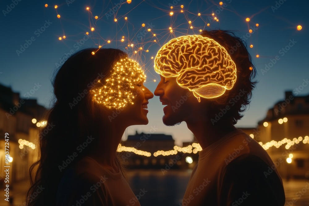 Poster mental dynamism encephalon conceptual artwork of two people with neural connections symbolizing emot