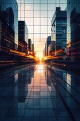 Urban landscape shot of a city street at sunset with people and cars