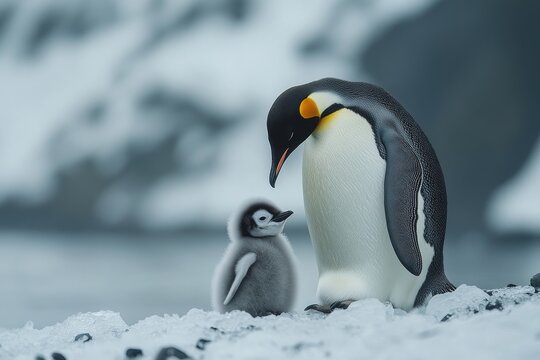 A penguin and its chick during an endearing interaction. Generative AI