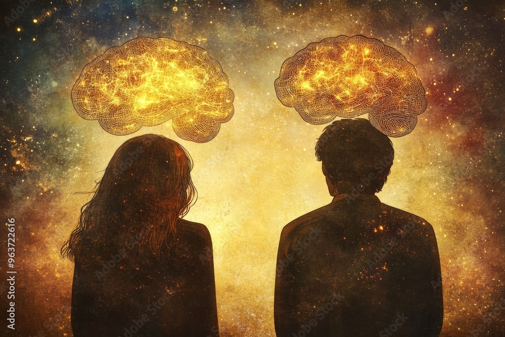 Poster neural dynamism encephalon modern illustration of two heads with puzzle brains symbolizing emotional