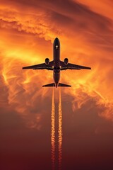 An airplane flying high above the horizon during a beautiful sunset