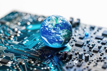 A close-up shot of a computer motherboard featuring the Earth at its center, ideal for use in illustrations about technology and environmental themes