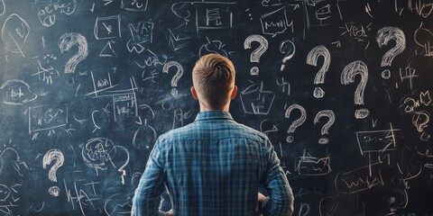 A man thoughtfully stands before a chalkboard filled with question marks and scribbles, contemplating his business plan and various strategies for achieving success in his entrepreneurial journey