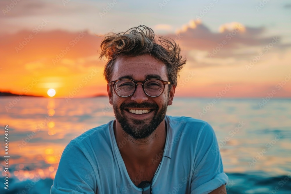 Poster a man with glasses and a beard smiling directly into the camera