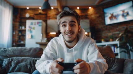 A person enjoying their free time with a video game controller, suitable for lifestyle or entertainment images