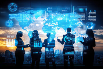 Silhouettes of a business team in front of a large screen displaying a digital map of the world and data, representing global business strategies. Generated with AI.