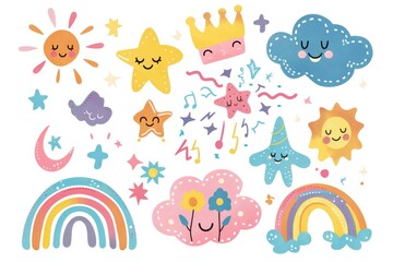 Colorful illustration featuring a group of cartoon characters surrounded by rainbows and stars, great for kids' content or whimsical designs