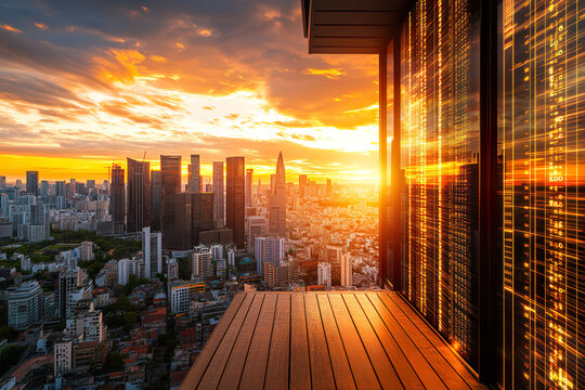 A balcony with a wooden floor overlooking a city skyline with a bright sunset in the background. The balcony wall is made of glass with a digital code pattern running across it. Generated with AI.