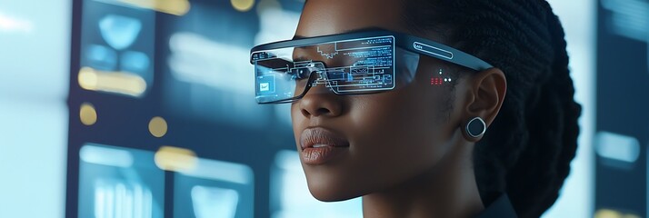 African American woman in IT handles cybersecurity threats through augmented reality.