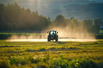 Fototapeta premium Agricultural machinery spraying crop in open field