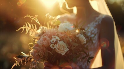 A woman holding a bouquet of flowers in the sunny day, suitable for use as a background or decoration