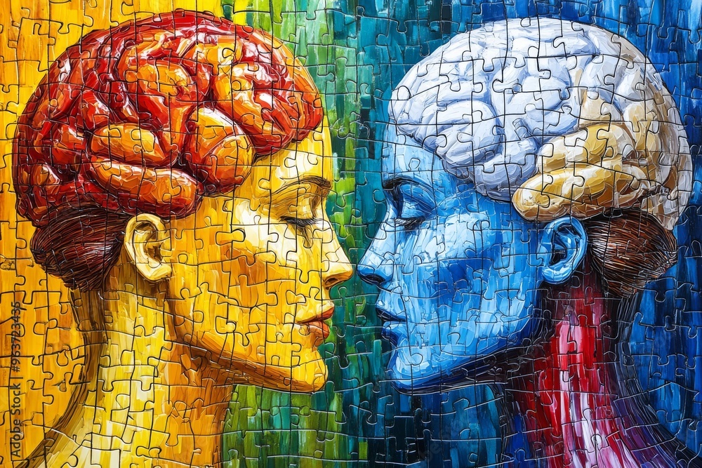 Poster cognitive processing power mind colorful digital artwork of two heads with puzzle pieces representin