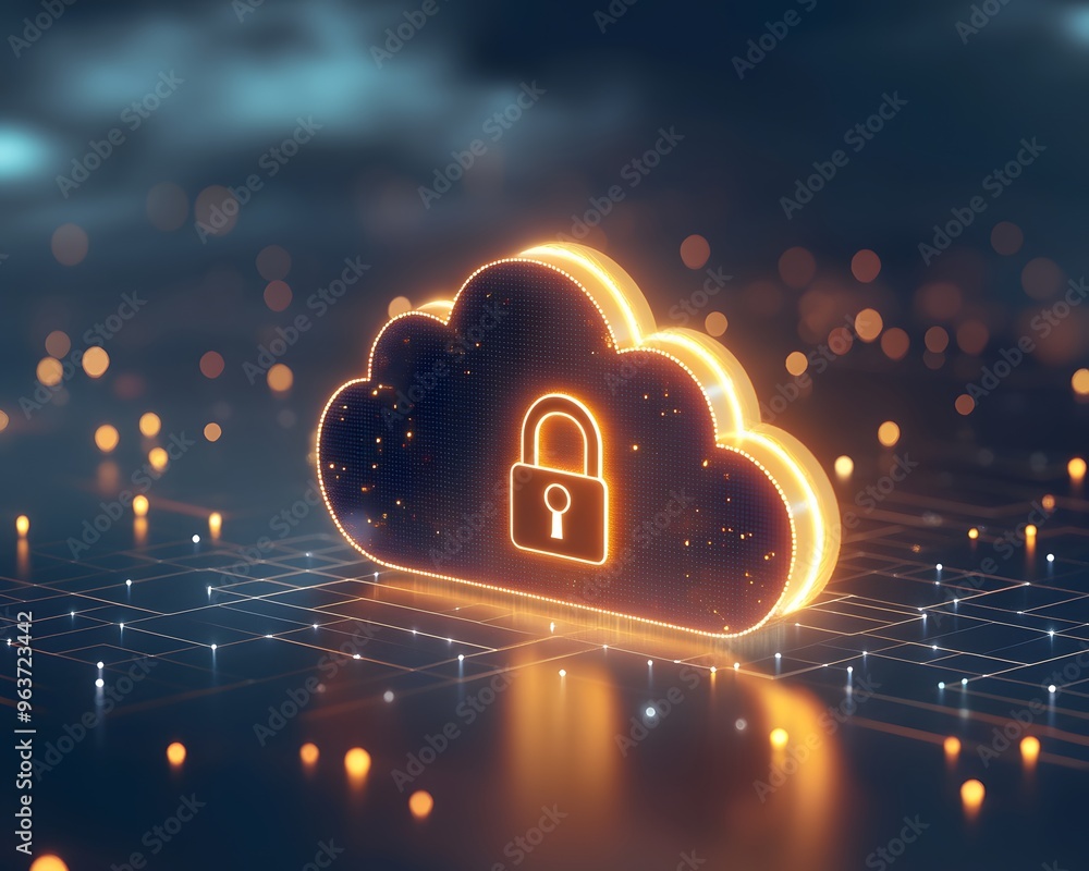 Poster a glowing cloud with a padlock symbol, representing secure cloud storage and digital data protection