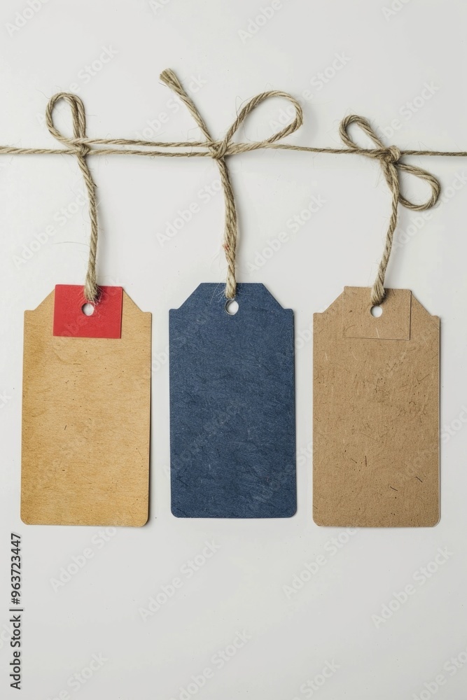 Aufkleber tags hanging from a string against a white background, suitable for use in presentations or displays