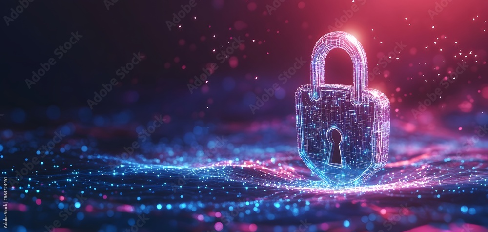 Poster a glowing digital lock surrounded by vibrant particles, symbolizing security and data protection in 