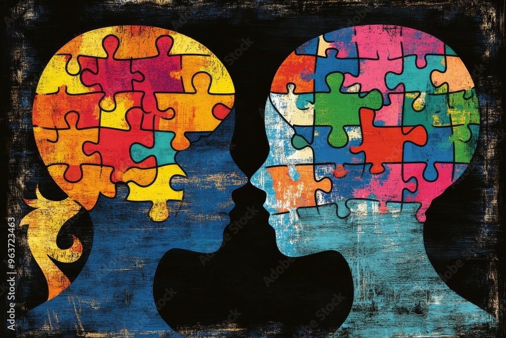 Poster neural efficiency mind conceptual illustration of a couple in profile with puzzle heads symbolizing 