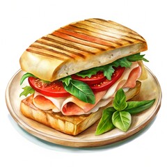 Grilled Turkey Panini. Basil and provolone cheese are on a plate isolated on a white background. Toast with cheese.