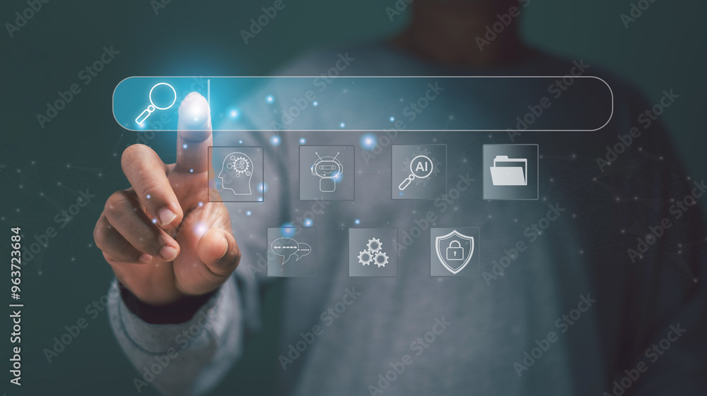 Poster Search Engine Optimization (SEO)concept. Businessman touching at search bar on virtual screen. Search with Ai assistant, Find information on internet network by use AI technology assist.