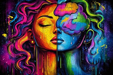 Fototapeta premium Neuronal capability Mind Psychedelic inspired illustration of a womans profile with glowing neural connections symbolizing thought expansion imagination and mental freedom