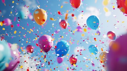 A vibrant array of balloons drifts high against a bright blue sky, while colorful confetti bursts around them, capturing the essence of a joyful celebration