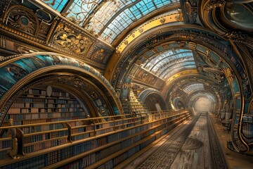 Obraz premium A train travels through a station surrounded by many books, suitable for educational or literary-themed projects