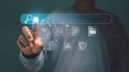 Search Engine Optimization (SEO)concept. Businessman touching at search bar on virtual screen. Search with Ai assistant, Find information on internet network by use AI technology assist.
