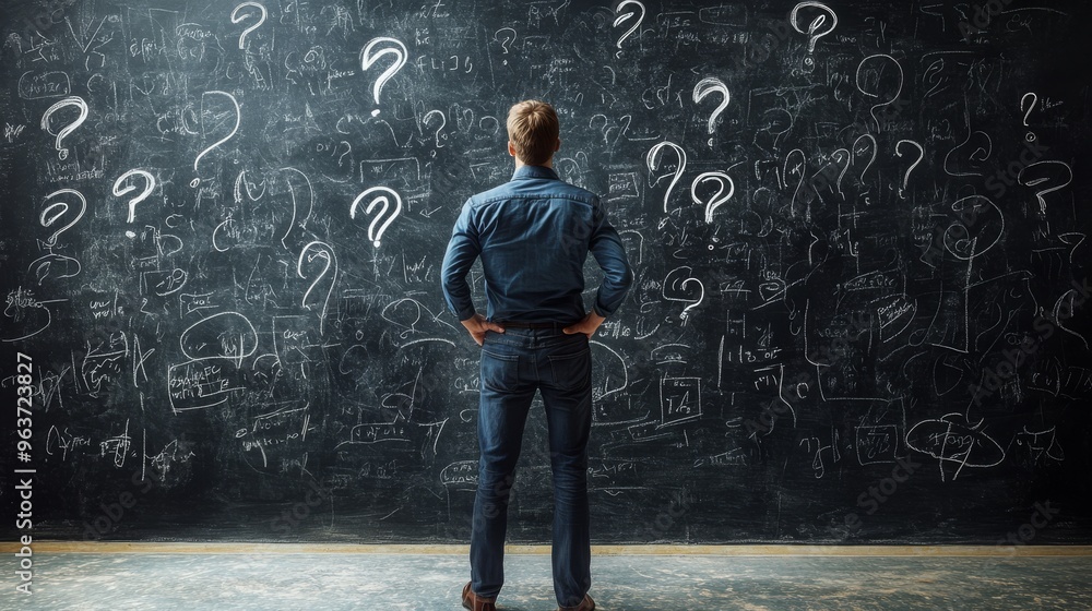 Poster a man stands thoughtfully in front of a large blackboard that is covered with question marks and var