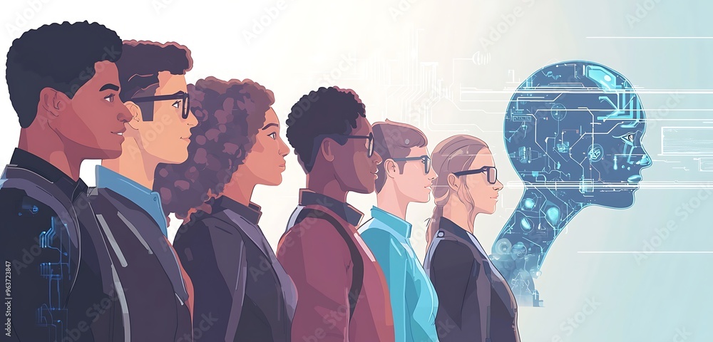 Poster group of it specialists analyzing ai threats, focusing on teamwork and security.