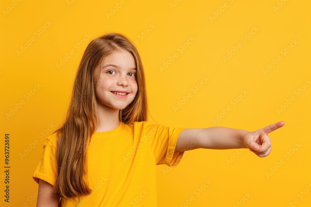 Wall mural a young girl points at something on a bright yellow background