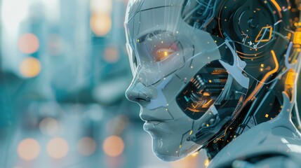 Fototapeta premium A futuristic woman with headphones and glowing eyes in a dark setting