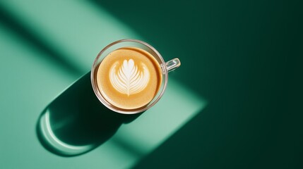 Close up view of a latte with beautiful leaf art on a green surface, illuminated by soft natural light in a cozy coffee shop.