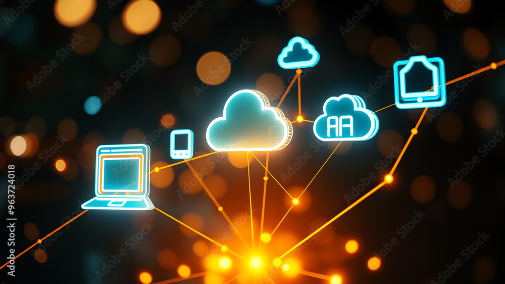 Poster floating 3d holographic icons representing digital devices and cloud storage, connected by bright, p